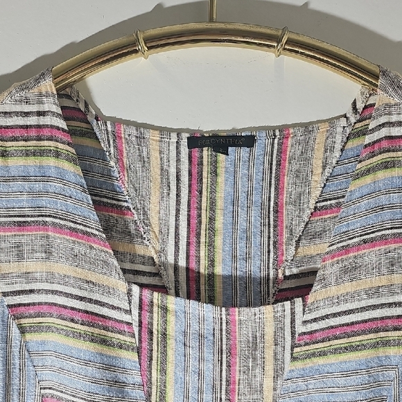 For Cynthia Colorful Striped Dress Short Sleeves, Big Pockets. 55% Linen 45% Cot - Picture 2 of 9